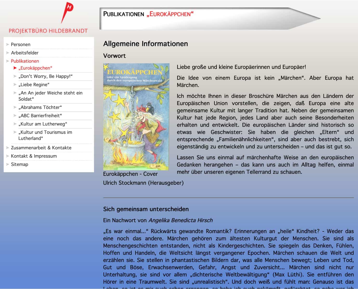 Screenshot of a publications page. The background is a gradient from light to medium dark blue, on the top the title, left a menu and the main content with black text on blue background.