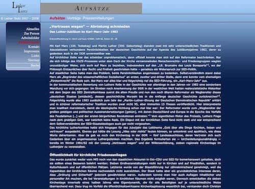 Screenshot of a publication page. The blackground is a light to dark blue gradient. Top is the heading, left the menu and right the main content. It is now fluid and not fixed in its height. Reading contrast is somewhat ok.