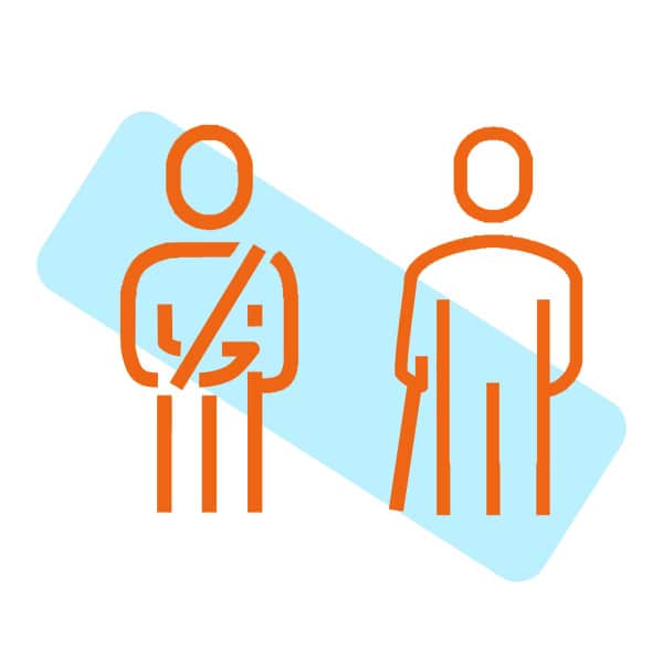 Illustration, two people outlined in orange. On the left a person with a broken arm, on the right a person using a walking stick.