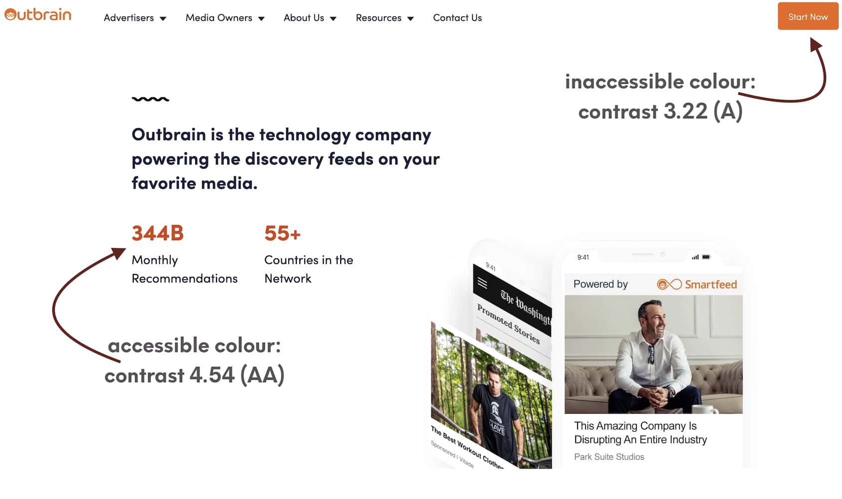 Detail of the outbrain homepage in October 2022, showing both the new hue of orange and the old, incessible one.