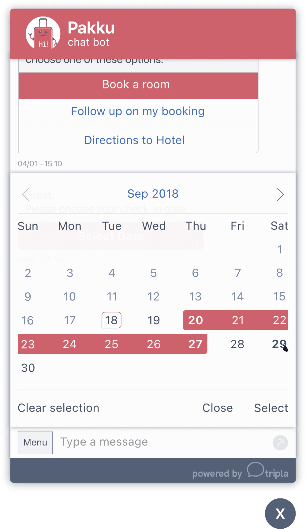 The chat widget with a calender interface that allows selecting a range.