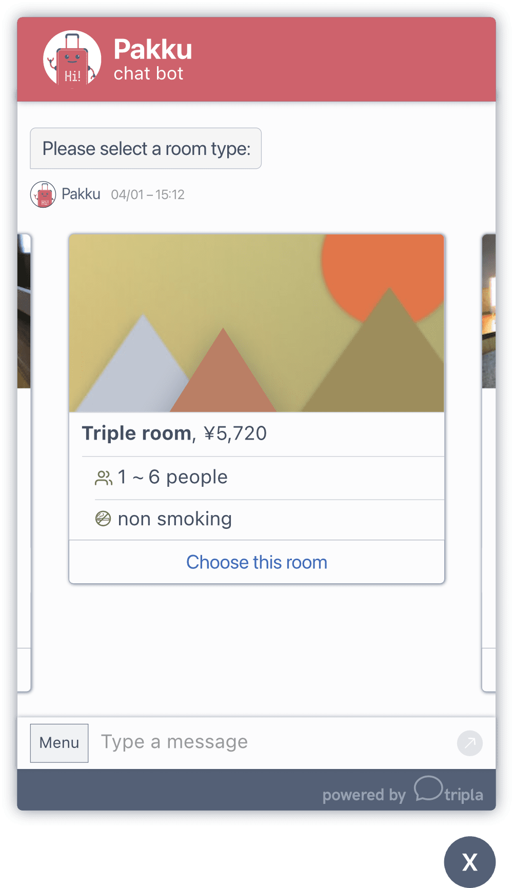 The chat widget with a slider widget visible to choose hotel rooms. This version has no arrows for a touch interface.