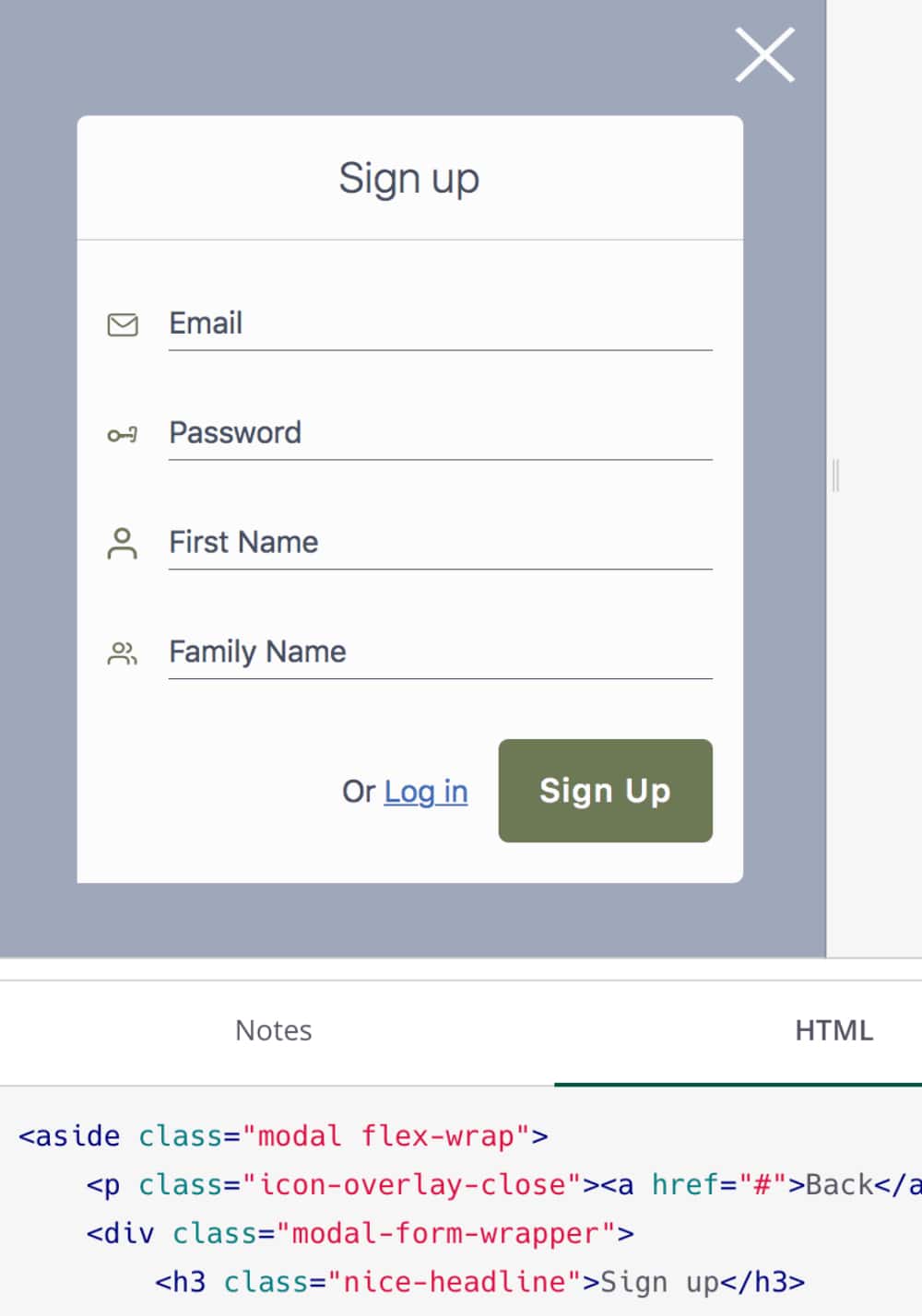 Screenshot shows a signup modal, requesting email., password, first and last name. This is presented inside fractal and below the rendered modal the html code can be seen.m